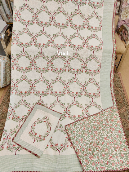Red Jaal Handblock Printed Reversible Quilted Bedcover -105 x108