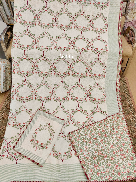 Red Jaal Handblock Printed Reversible Quilted Bedcover -105 x108