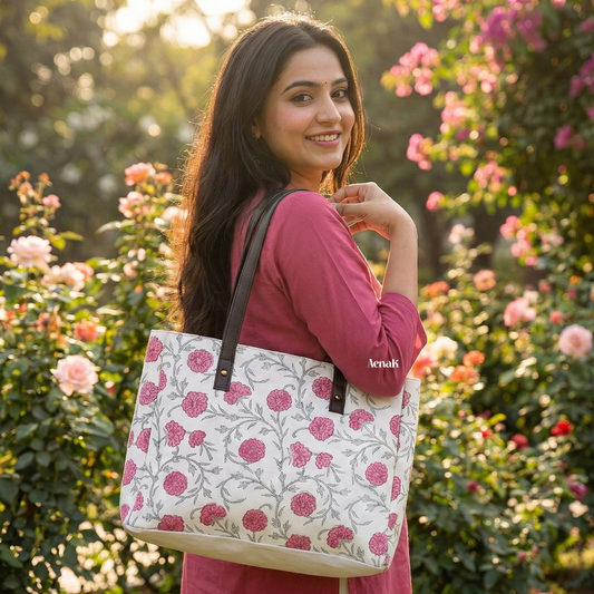 Pink Floral Jaal Handblock Artisanal Handbag
