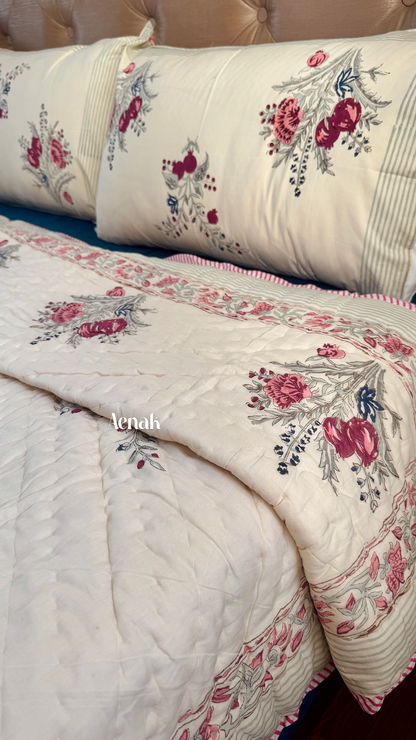 Burgundy Anaar Handblock Printed Reversible Mulmul Cotton Quilt (Beige Base)