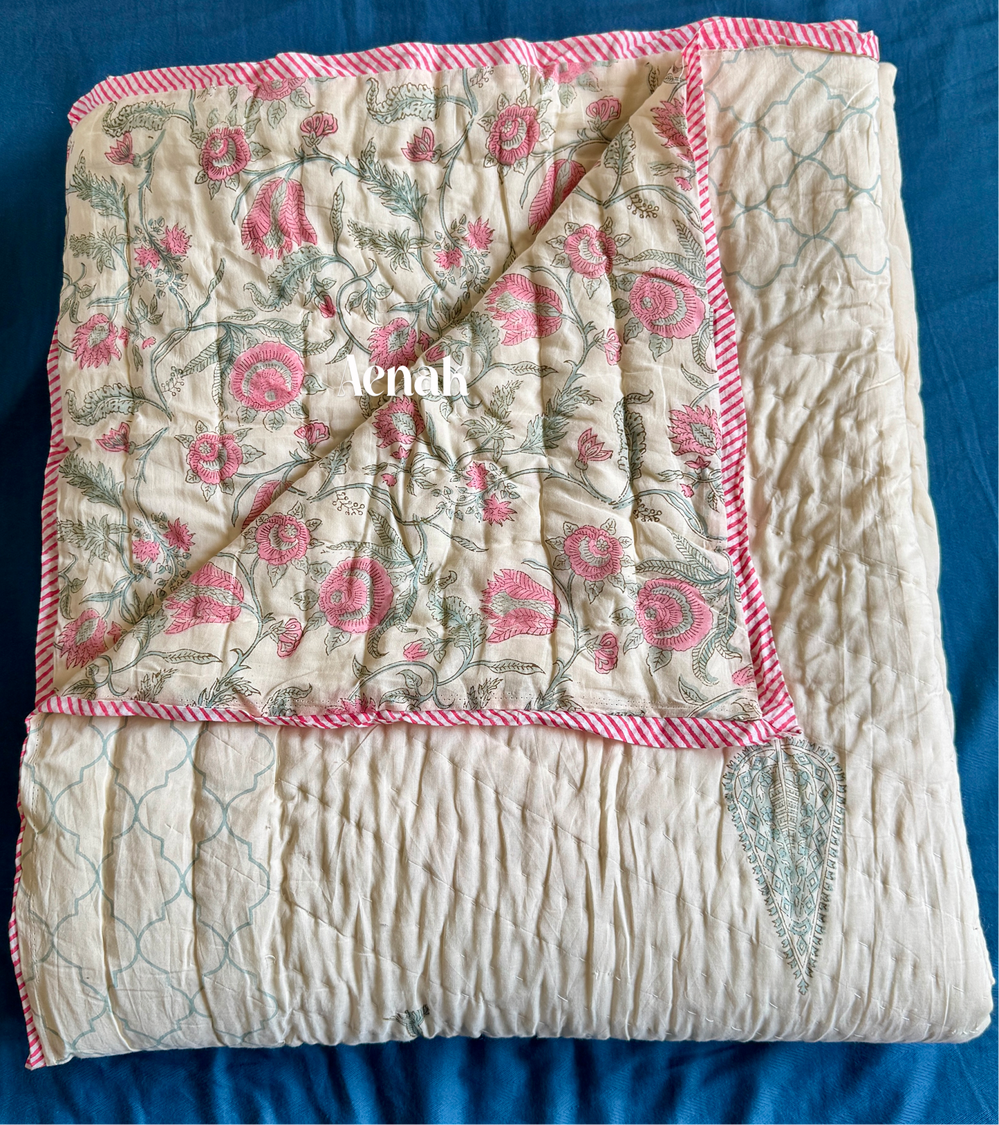 Green Ashoka Handblock Printed Reversible Mulmul Cotton Quilt (Beige Base)