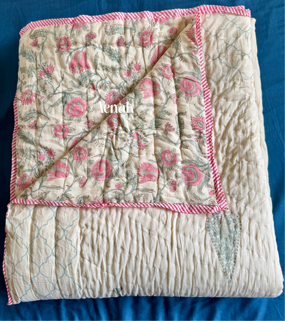 Green Ashoka Handblock Printed Reversible Mulmul Cotton Quilt (Beige Base)