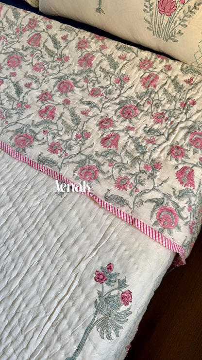 Green Ashoka Handblock Printed Reversible Mulmul Cotton Quilt (Beige Base)