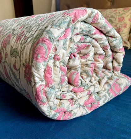 Green Ashoka Handblock Printed Reversible Mulmul Cotton Quilt (Beige Base)