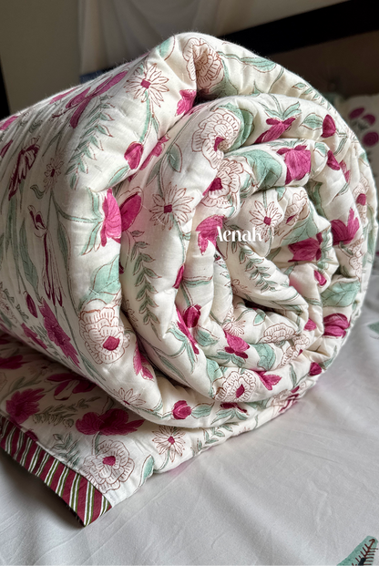 Magenta Floral Garden Handblock Printed Reversible Mulmul Cotton Quilt (Ivory Base)