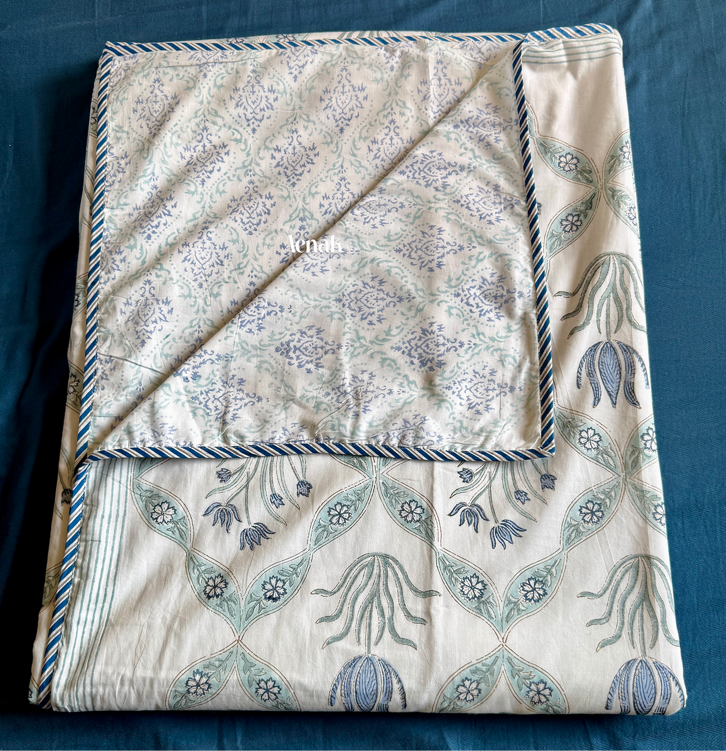 Blue Lotus Handblock Printed Mulmul Cotton Reversible Dohar