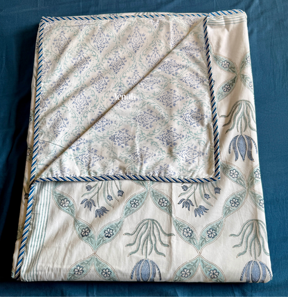 Blue Lotus Handblock Printed Mulmul Cotton Reversible Dohar
