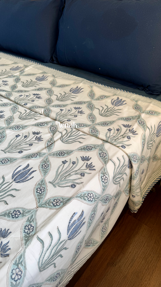 Blue Lotus Handblock Printed Mulmul Cotton Reversible Dohar