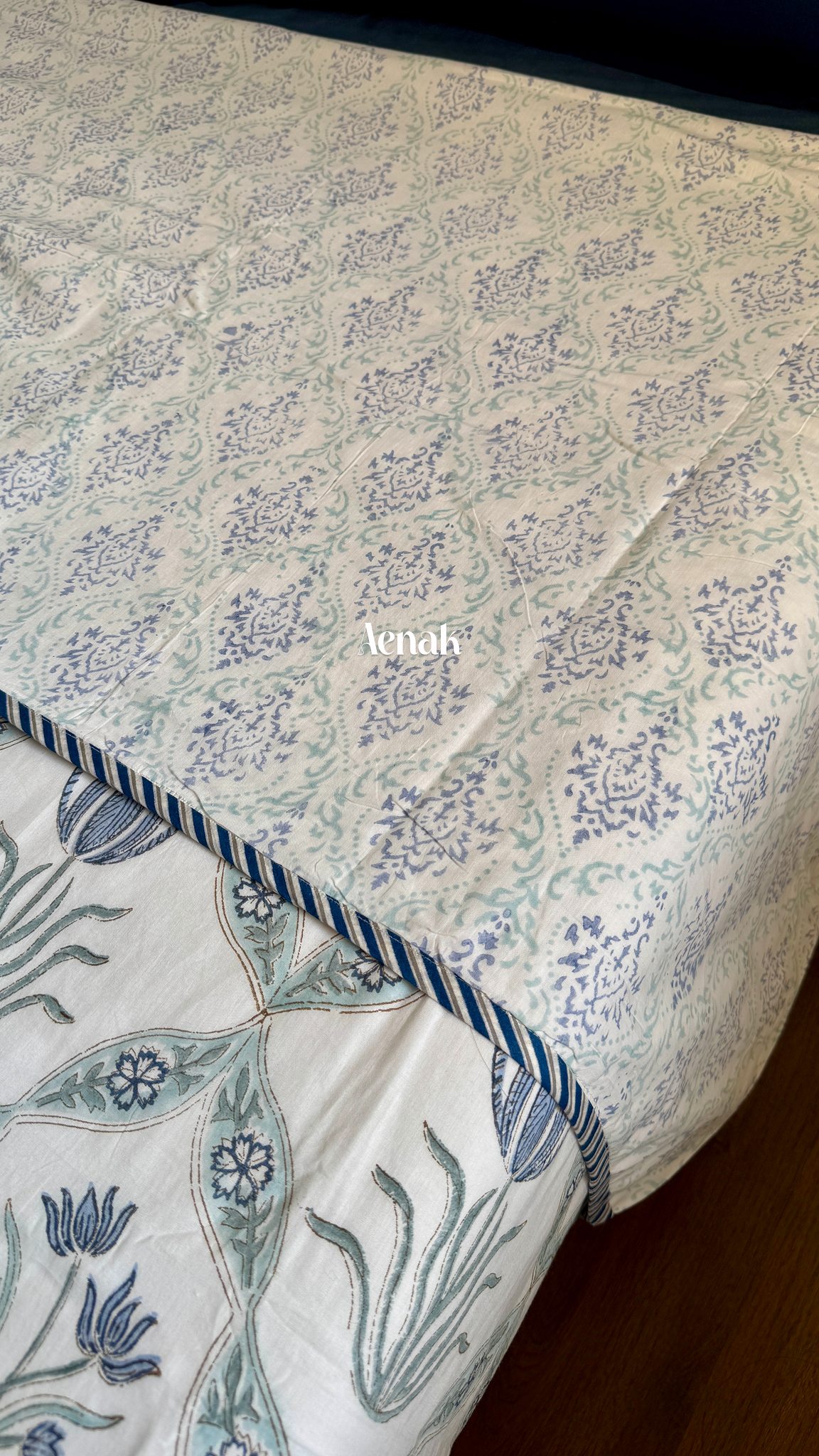 Blue Lotus Handblock Printed Mulmul Cotton Reversible Dohar