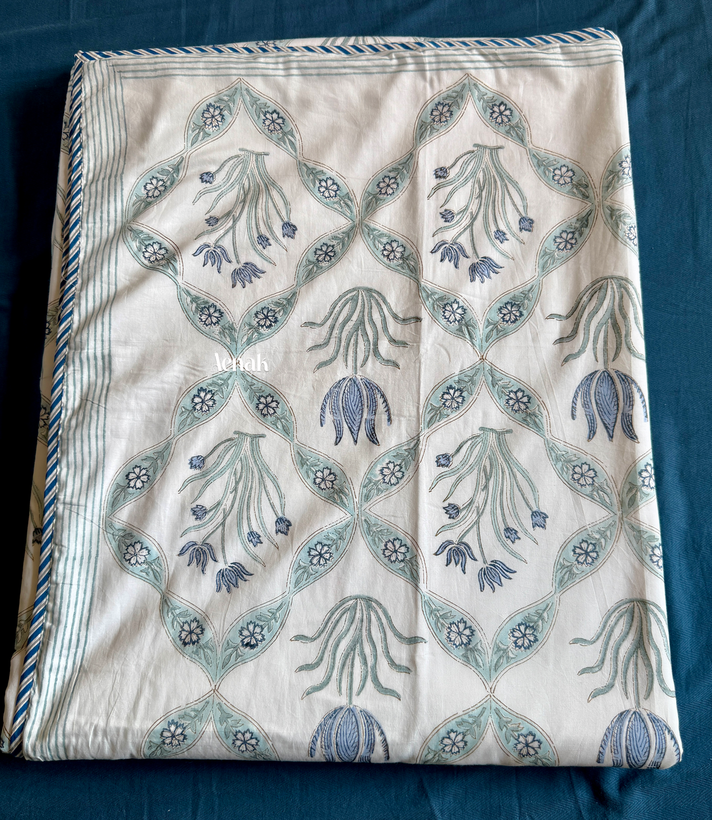 Blue Lotus Handblock Printed Mulmul Cotton Reversible Dohar