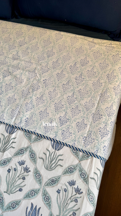 Blue Lotus Handblock Printed Mulmul Cotton Reversible Dohar