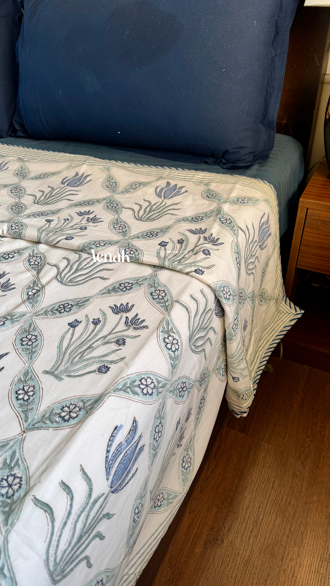 Blue Lotus Handblock Printed Mulmul Cotton Reversible Dohar