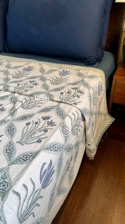 Blue Lotus Handblock Printed Mulmul Cotton Reversible Dohar