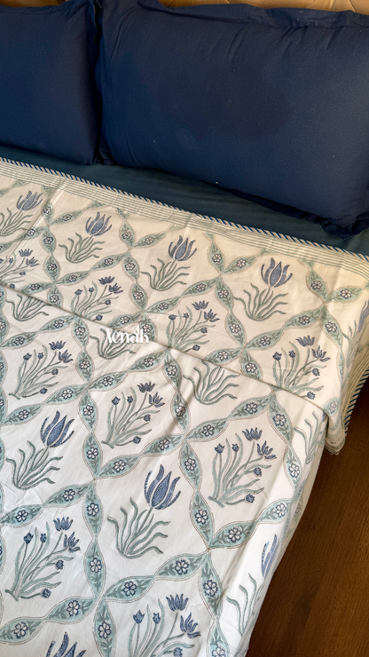 Blue Lotus Handblock Printed Mulmul Cotton Reversible Dohar