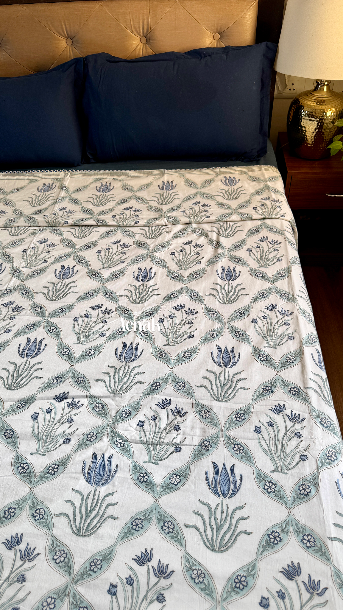 Blue Lotus Handblock Printed Mulmul Cotton Reversible Dohar
