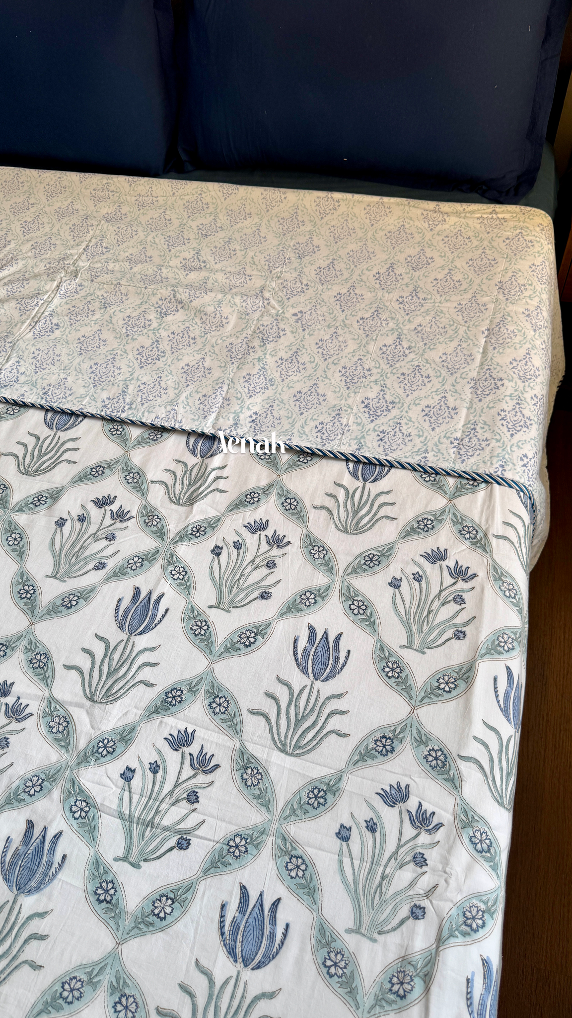 Blue Lotus Handblock Printed Mulmul Cotton Reversible Dohar
