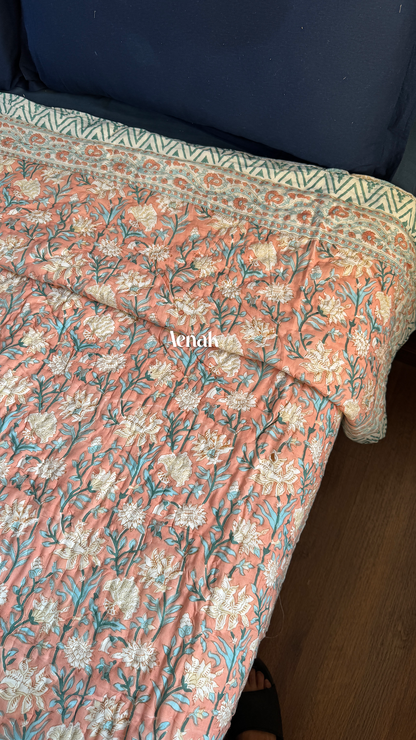 Light Peach Floral Handblock Printed Reversible Mulmul Cotton Quilt