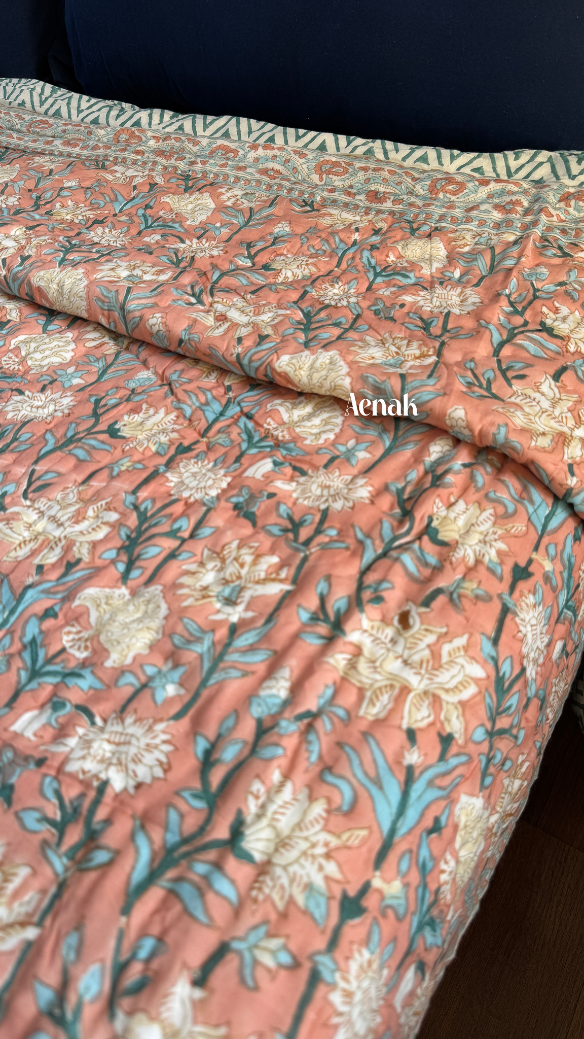 Light Peach Floral Handblock Printed Reversible Mulmul Cotton Quilt