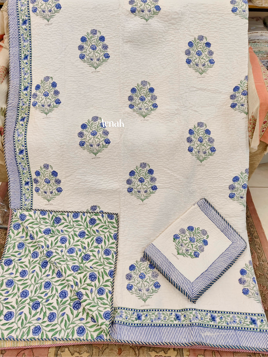 Blue Floral Garden Handblock Printed Reversible Quilted Bedcover -105 x108