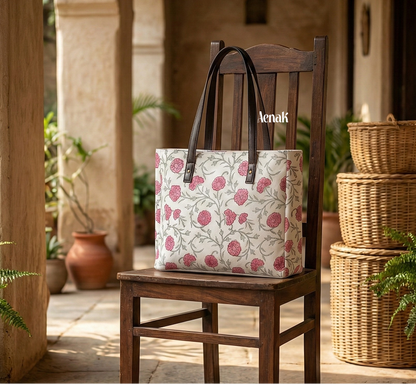 Pink Floral Jaal Handblock Artisanal Handbag