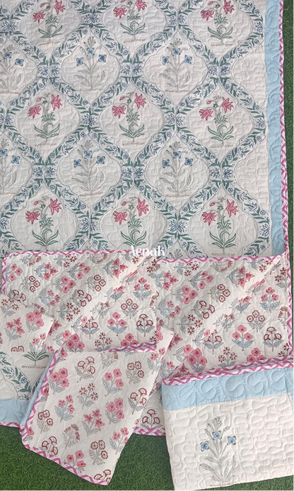 Blue Red Floral Jaal Handblock Bedsheet + Quilted Bedcover Combo