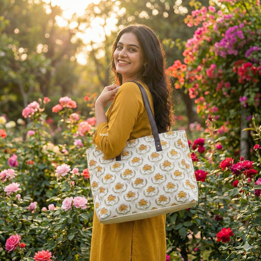 Yellow Lotus Jaal Handblock Artisanal Handbag