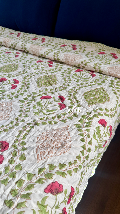 Red Poppy Handblock Bedsheet + Quilt Combo