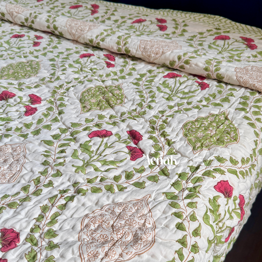 Red Poppy Handblock Bedsheet + Quilt Combo Set
