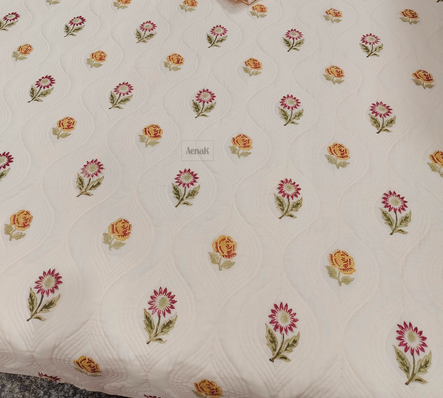 Embossed Rose Handblock Quilted Cotton Bedcover- 105x108