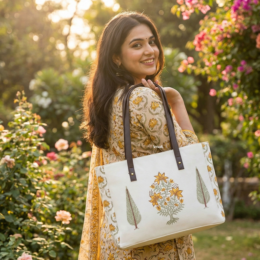 Yellow Floral Boota Handblock Artisanal Handbag