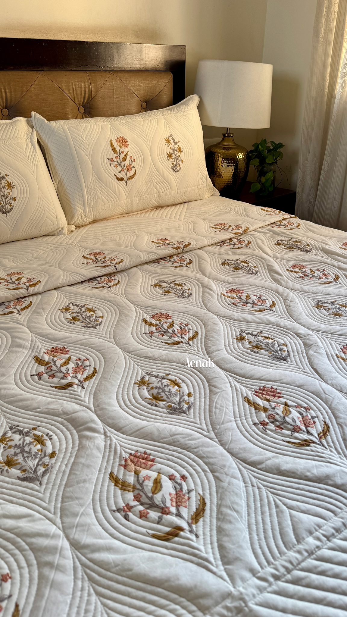 Peach Phool Embossed Handblock Quilted Bedcover Set