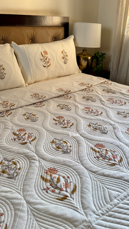 Peach Phool Embossed Handblock Quilted Bedcover Set