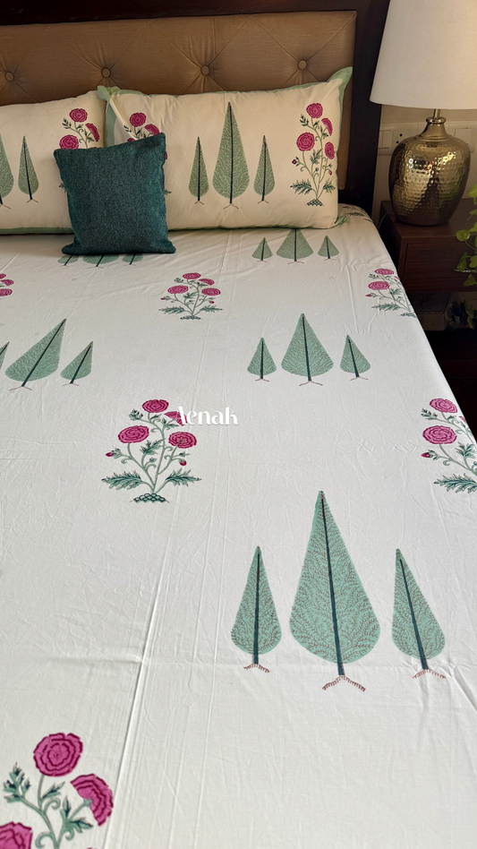 Magenta Floral Garden Handblock Printed Premium Cotton Bedsheet (Ivory Base)