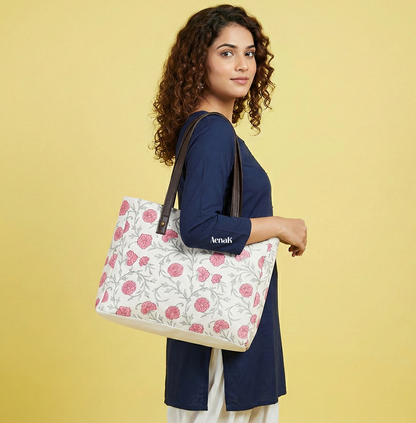 Pink Floral Jaal Handblock Artisanal Handbag