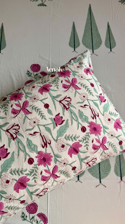 Magenta Floral Garden Handblock Printed Premium Cotton Bedsheet (Ivory Base)