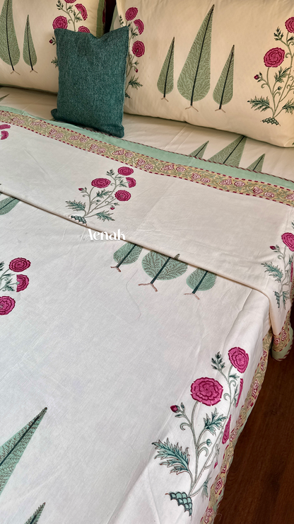 Magenta Floral Garden Handblock Bedsheet + Dohar Combo (Ivory Base)