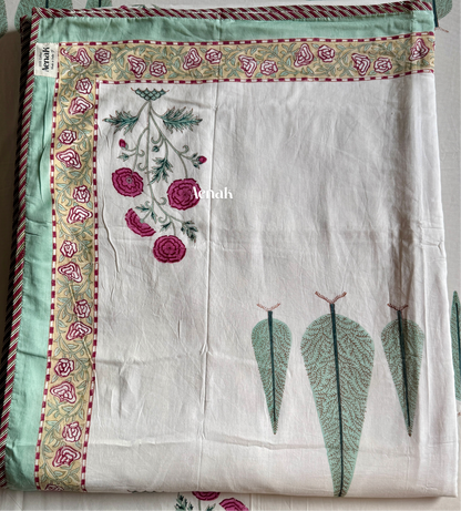 Magenta Floral Garden Handblock Bedsheet + Dohar Combo (Ivory Base)