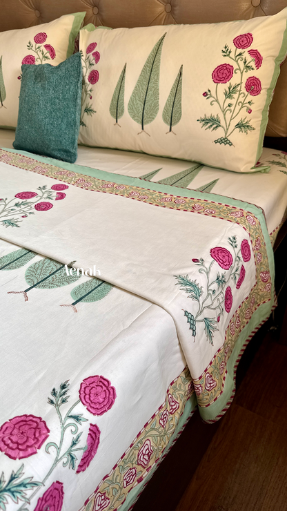 Magenta Floral Garden Handblock Bedsheet + Dohar Combo (Ivory Base)