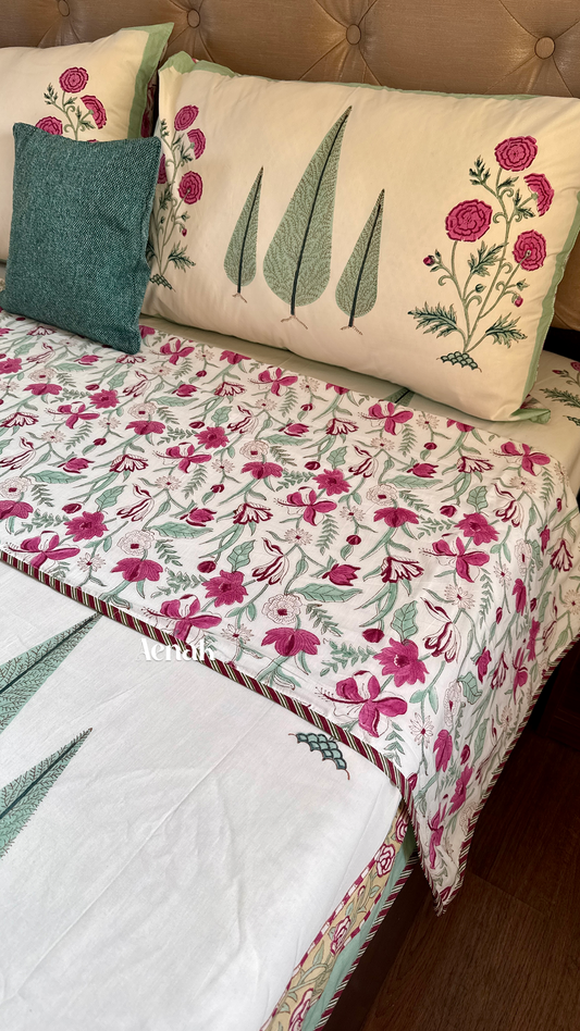 Magenta Floral Garden Handblock Printed Mulmul Cotton Reversible Dohar (Ivory Base)