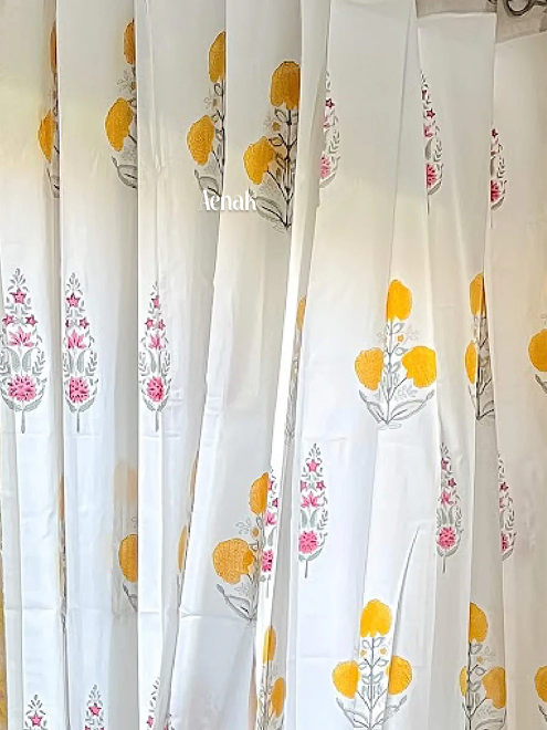 Yellow Pink Marigold Eyelet Handblock Curtains