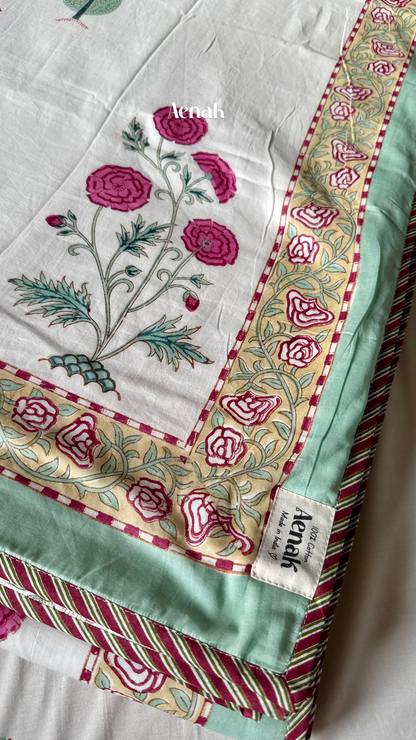 Magenta Floral Garden Handblock Printed Mulmul Cotton Reversible Dohar (Ivory Base)