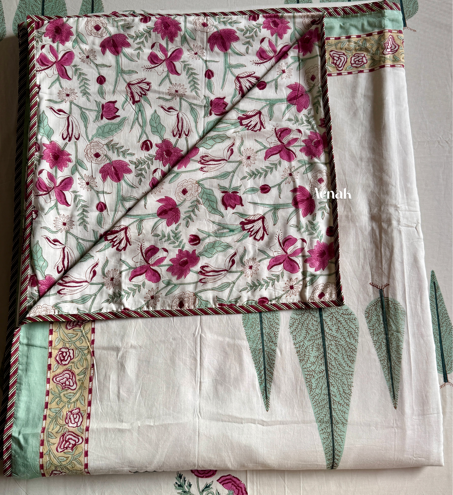 Magenta Floral Garden Handblock Bedsheet + Dohar Combo (Ivory Base)