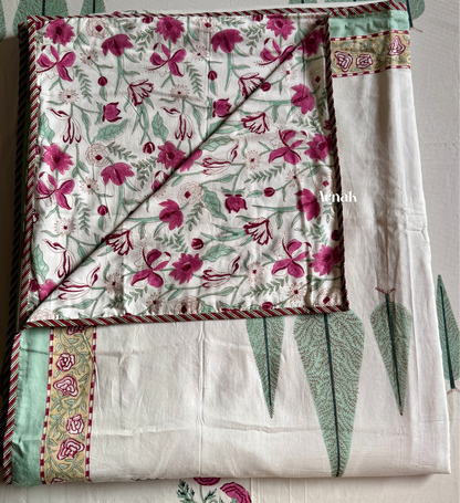 Magenta Floral Garden Handblock Bedsheet + Dohar Combo (Ivory Base)