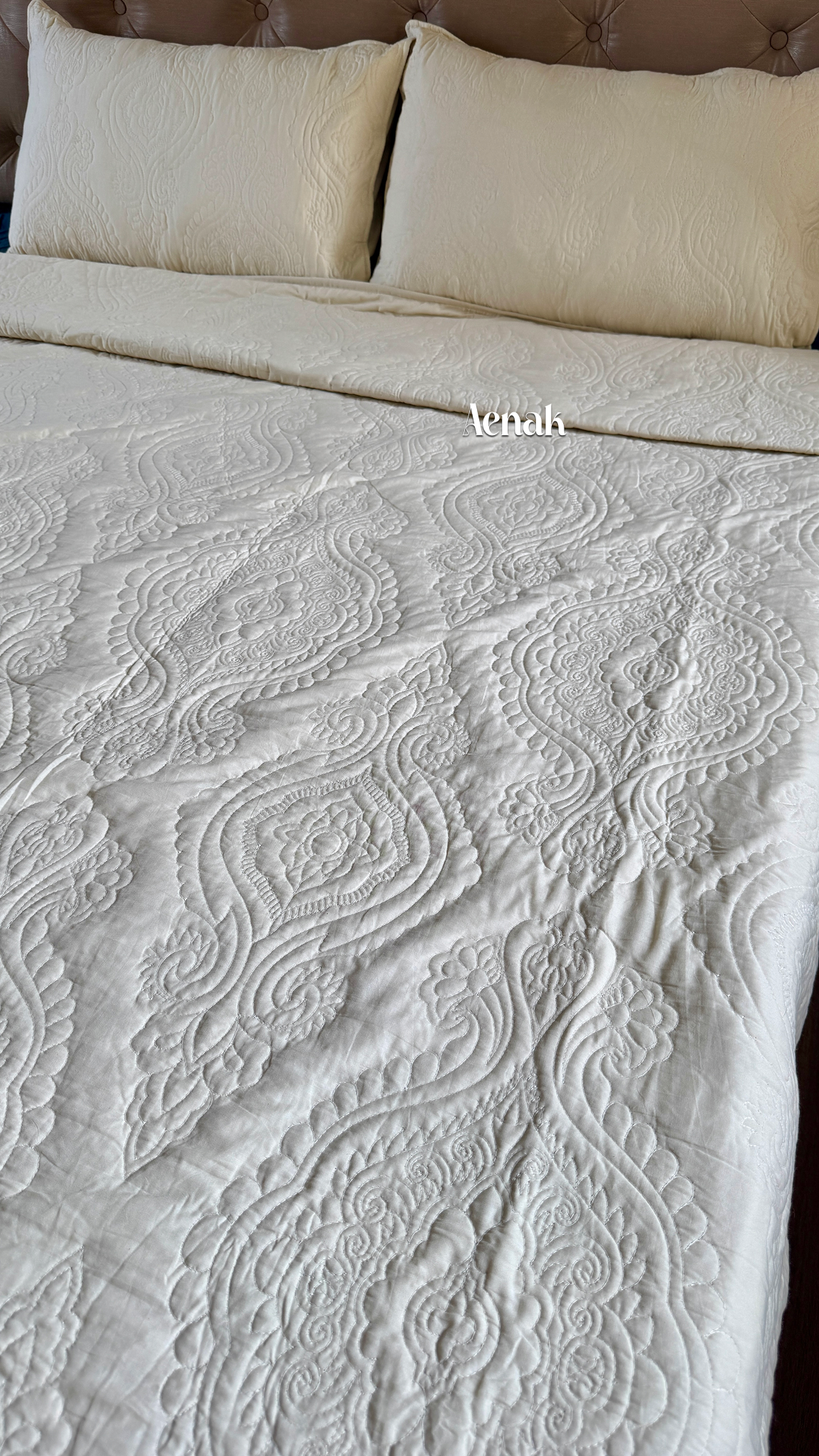 Beige Embossed Paani Jaal Quilted Bedcover (Non-White Base)