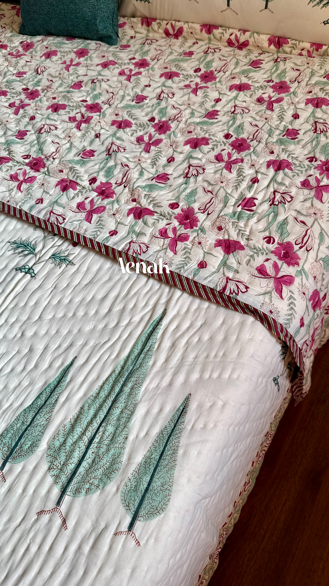 Magenta Floral Garden Handblock Bedsheet + Quilt Combo (Ivory Base)