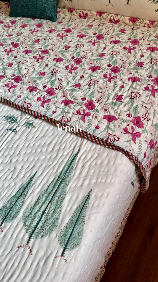 Magenta Floral Garden Handblock Bedsheet + Quilt Combo (Ivory Base)