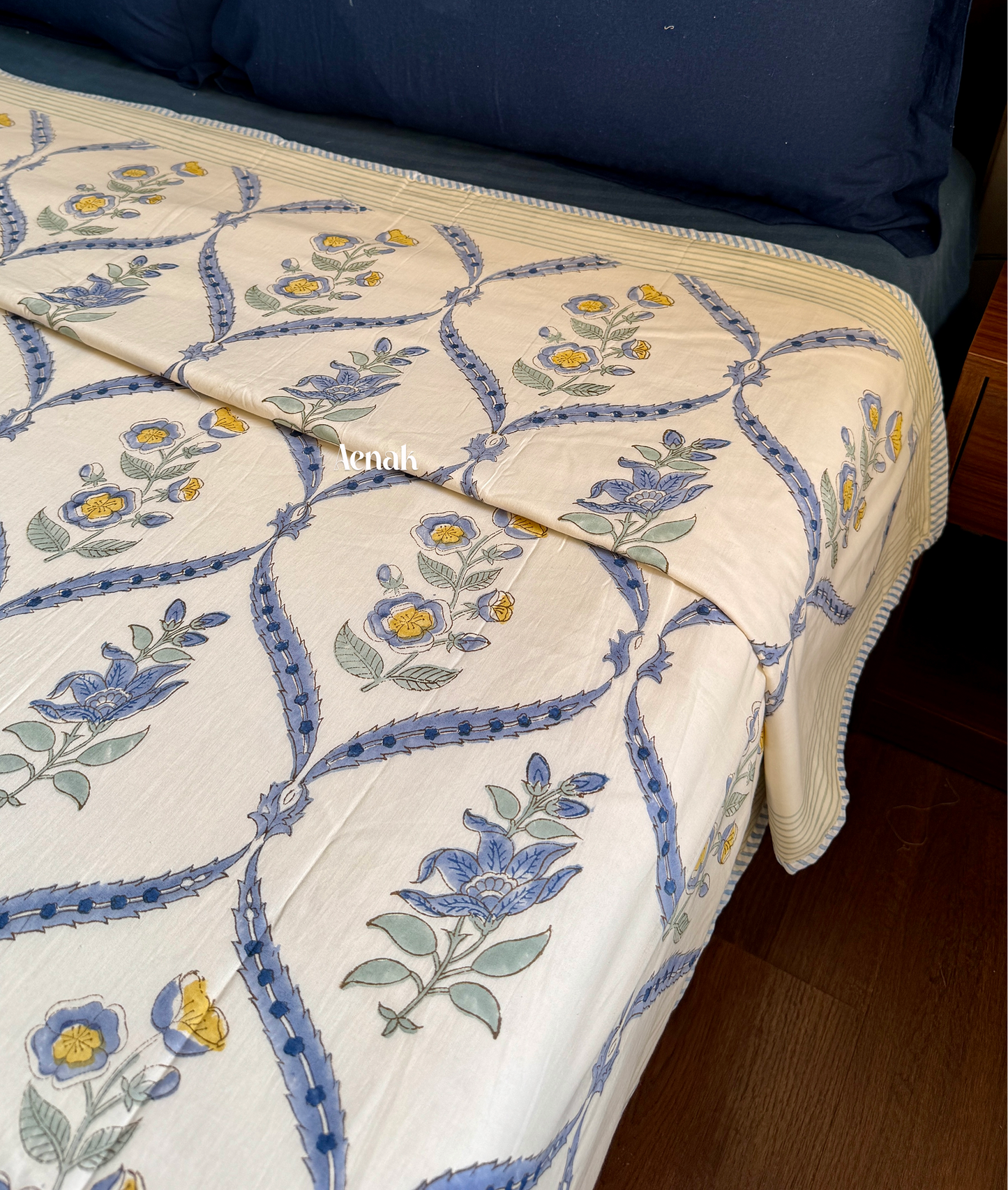 Blue Periwinkle Handblock Printed Mulmul Cotton Reversible Dohar (Beige Base)