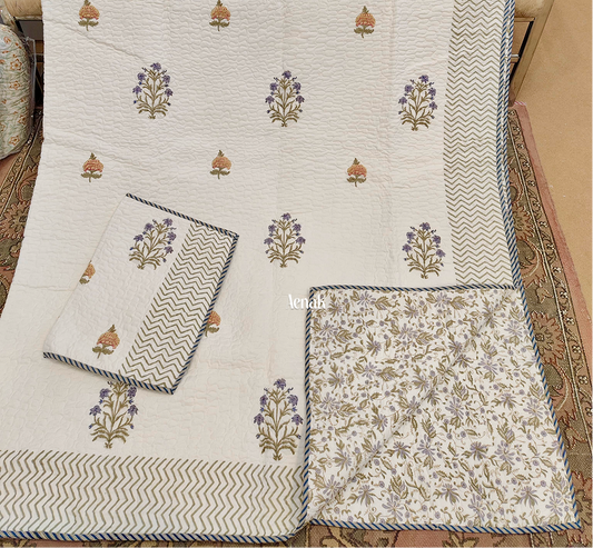 Yellow Purple Floral Handblock Printed Reversible Quilted Bedcover -105 x108