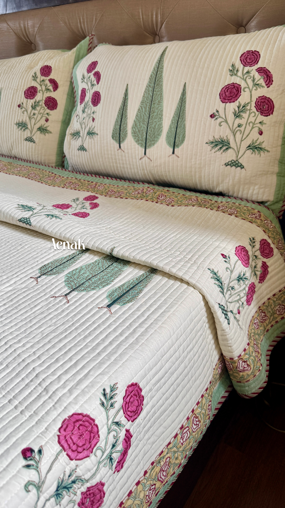 Magenta Floral Garden Handblock Bedsheet + Quilted Bedcover Combo (Ivory Base)