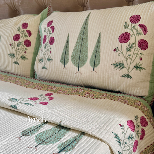 Magenta Floral Garden Handblock Bedsheet + Quilted Bedcover Combo Set (Ivory Base)
